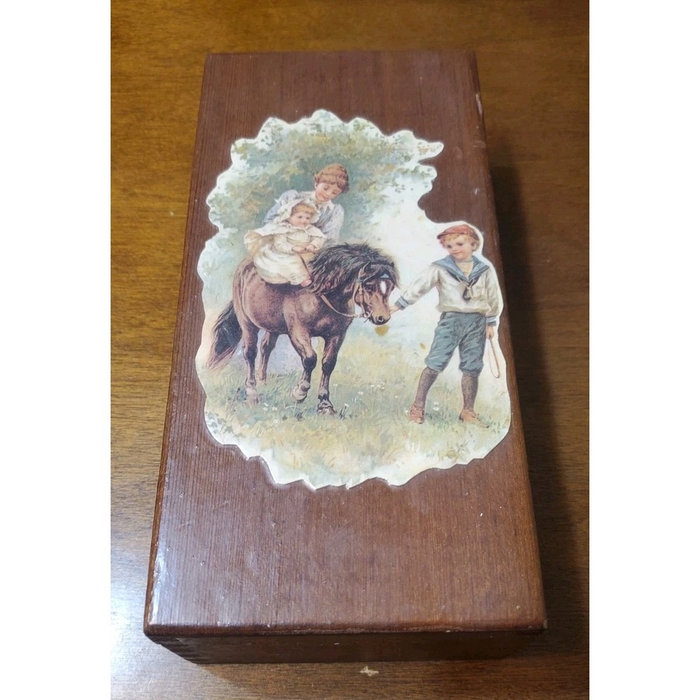 Vintage Wooden Storage Keepsake Box Victorian Illustration Babys First Ride Pony